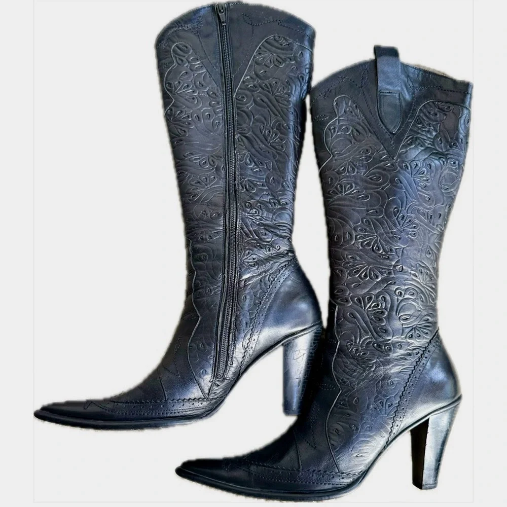 Genuine Leather Embroidered Black Tall Boots – Statement Heels - Picture 11 of 17